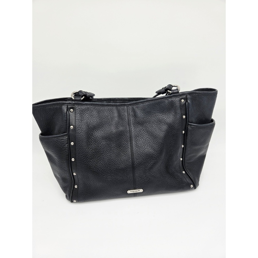 Coach Carrie Leather‎ Tote Off Black Silver Studs Shoulder Bag Large Carryall